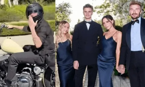 Cậu cả nhà Beckham bị netizen "ném đá" dữ dội: Chạy xe máy bằng 1 tay, hôn gió với vợ mà không thèm nhìn đường!