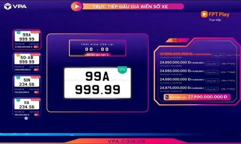 Công ty Đấu giá Hợp danh Việt Nam VPA thông báo: Biển ô tô 'ngũ quý' 99A-999.99 trúng đấu giá gần 28 tỷ