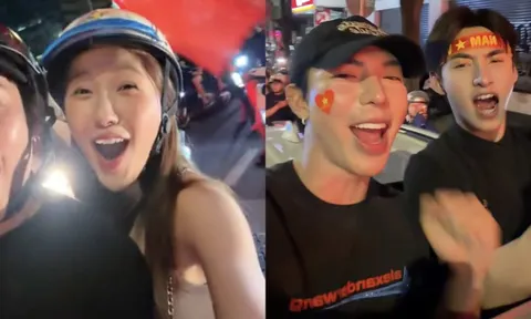 Em gái Trấn Thành cùng bạn trai là ca sĩ nổi tiếng xuống đường đi bão mừng tuyển Việt Nam vô địch Đông Nam Á