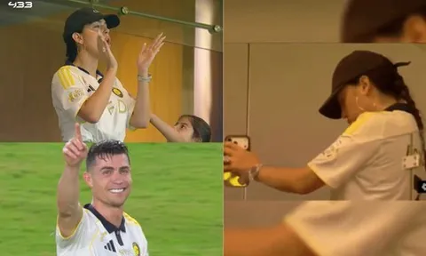 Georgina khoe visual sáng bừng bế con cổ vũ Ronaldo, mặc đơn giản vẫn sexy chiếm trọn "spotlight" trên khán đài