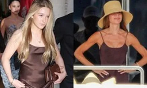 Cùng diện một chiếc váy, tiểu thư Harper Beckham phổng phao, xinh đẹp, Victoria lại gây chú ý vì vóc dáng gầy gò