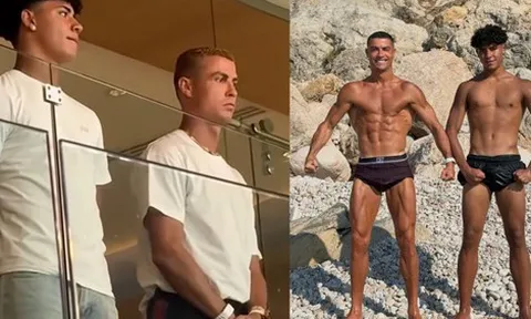 Ronaldo xuất hiện bảnh bao nhưng con trai mới chiếm "spotlight": 16 tuổi đã cao 1m85, màn cha con đọ cơ bắp cũng gây choáng