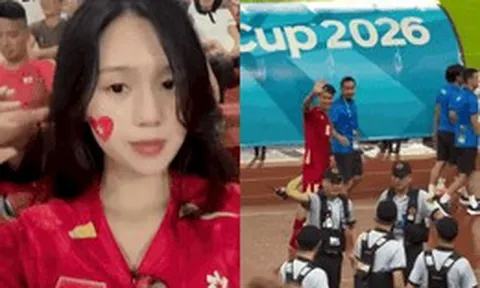 Đáng yêu hết sức: Thành Chung căng mắt tìm rồi thả tim cực ngọt cho bà xã hotgirl Tuyên Quang trên khán đài sau chiến thắng của ĐT Việt Nam